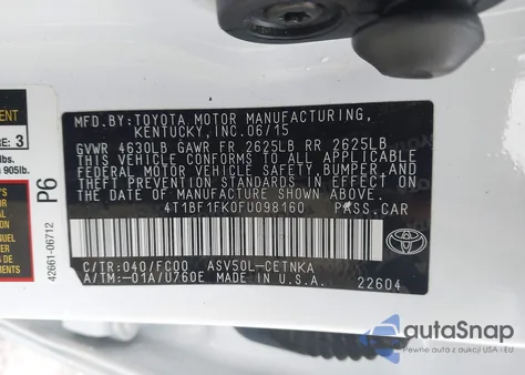2015 Toyota Camry Le z USA, uszkodzony, nr VIN 4T1BF1FK0FU098160